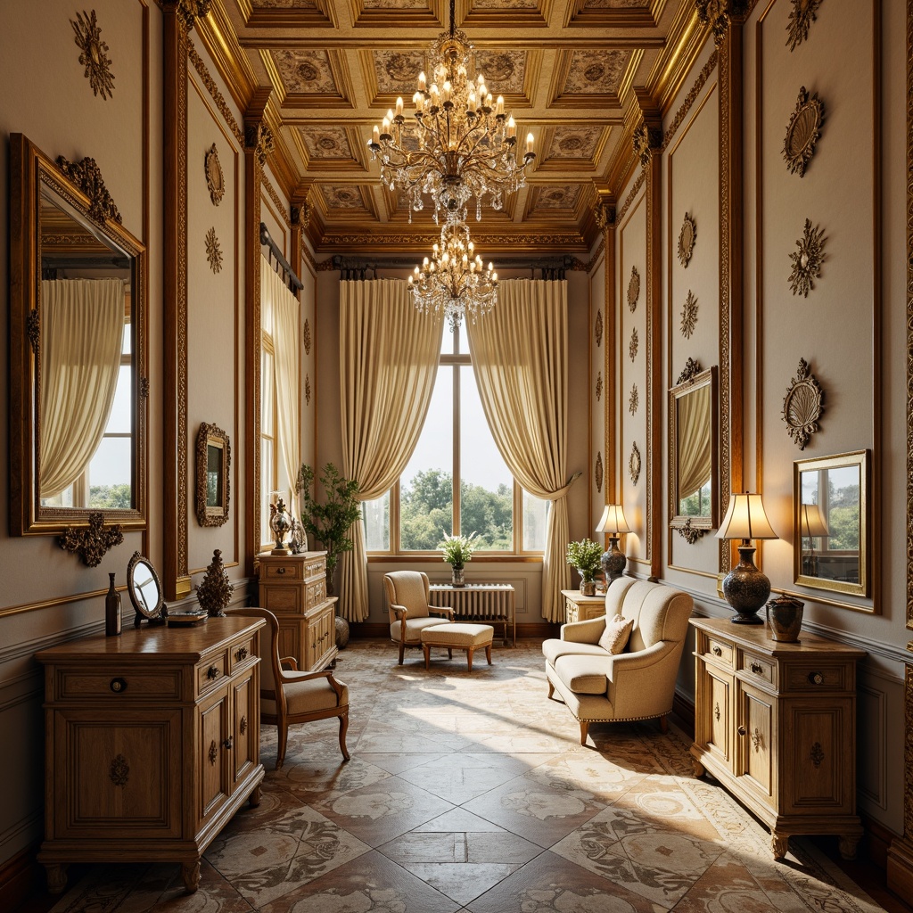 Prompt: Opulent storage room, intricately carved wooden panels, gilded moldings, ornate mirrors, lavish chandeliers, soft velvet drapes, antique furniture pieces, Rococo-style decorative accents, curved lines, shell motifs, foliage patterns, creamy whites, warm golden hues, richly textured fabrics, subtle sheen, shallow depth of field, 1/1 composition, dramatic lighting, realistic reflections.