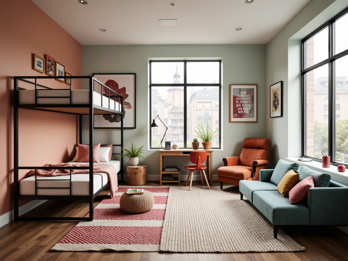 Prompt: Vibrant dorm room, bold color accents, modern minimalist furniture, sleek metal frames, soft pastel hues, calming neutral tones, industrial chic decor, reclaimed wood textures, geometric patterned rugs, cozy throw blankets, warm task lighting, Scandinavian-inspired design, functional storage solutions, compact desks, ergonomic chairs, inspirational quotes, abstract artwork, natural fiber fabrics, earthy tone palette, airy open layout, relaxed ambiance.