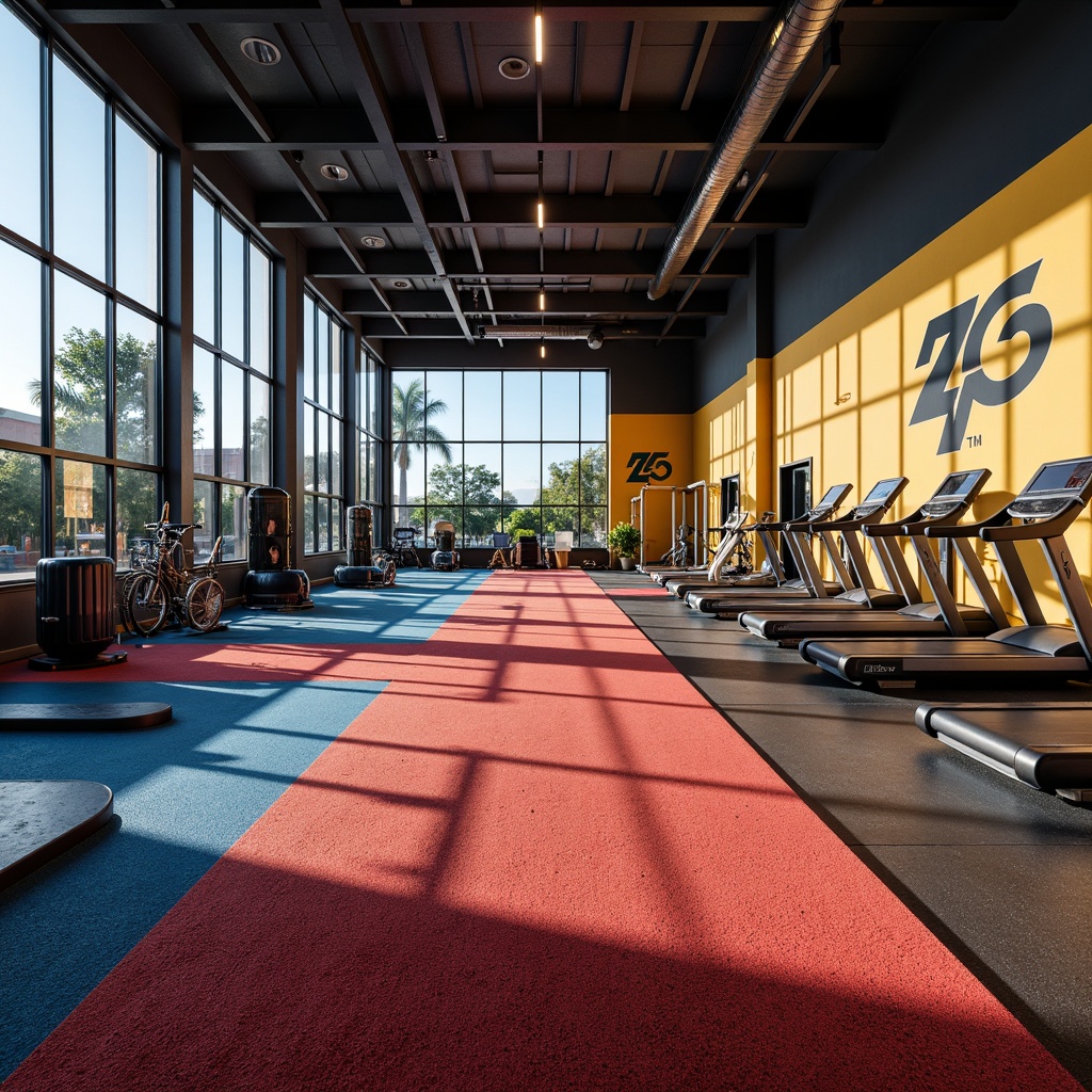 Prompt: Rubber flooring, textured surfaces, vibrant colors, exercise equipment, free weights, treadmills, mirrored walls, athletic logos, modern interior design, high ceilings, large windows, natural light, soft warm lighting, shallow depth of field, 3/4 composition, panoramic view, realistic textures, ambient occlusion.