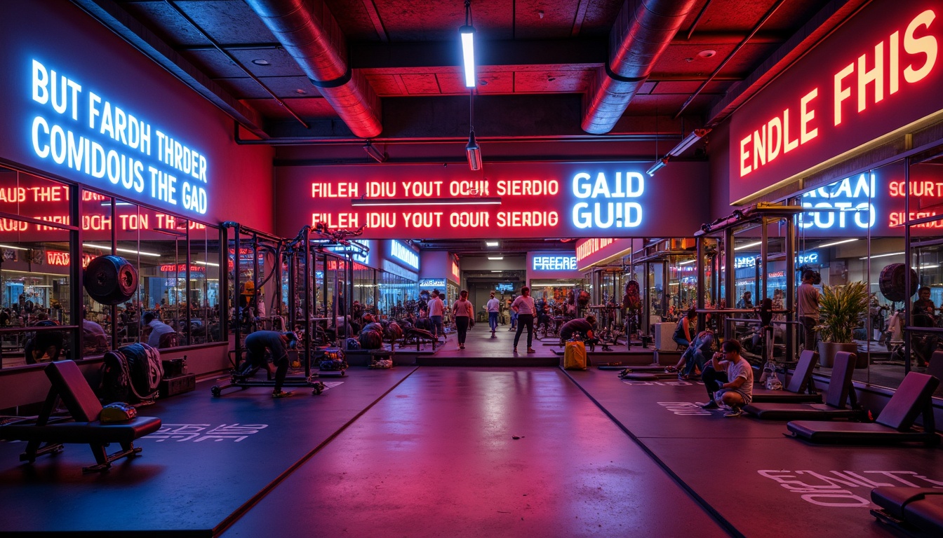 Prompt: Vibrant home gym, bold color scheme, bright neon lights, motivational quotes, modern fitness equipment, sleek metal frames, rubber flooring, mirrored walls, industrial-style decor, urban loft ambiance, high-ceiling, natural light pouring in, energetic atmosphere, intense workout sessions, dynamic shadows, warm spotlights, 1/2 composition, shallow depth of field, realistic textures.