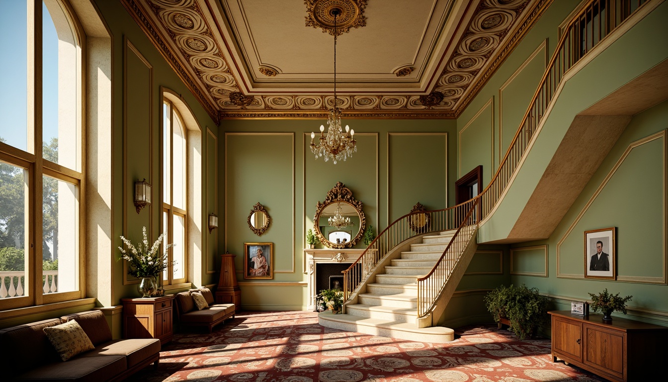 Prompt: Lime-hued walls, ornate golden banisters, majestic curved staircases, rich velvet upholstery, antique wooden furniture, intricate plasterwork ceilings, crystal chandeliers, soft warm lighting, shallow depth of field, 1/1 composition, symmetrical framing, realistic textures, ambient occlusion, elegant proportions, refined lines, sophisticated classicism, luxurious atmosphere, opulent decor, vintage accessories.