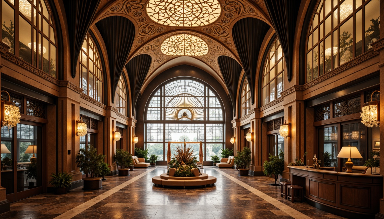 Prompt: Luxurious bank interior, ornate Art Nouveau details, flowing organic lines, sinuous curves, intricate metalwork, stained glass windows, grand chandeliers, marble floors, velvet drapes, gilded accents, rich wood paneling, decorative moldings, sweeping arches, dramatic columns, subtle natural lighting, warm golden tones, 1/2 composition, shallow depth of field, high-key lighting, soft focus, realistic textures.