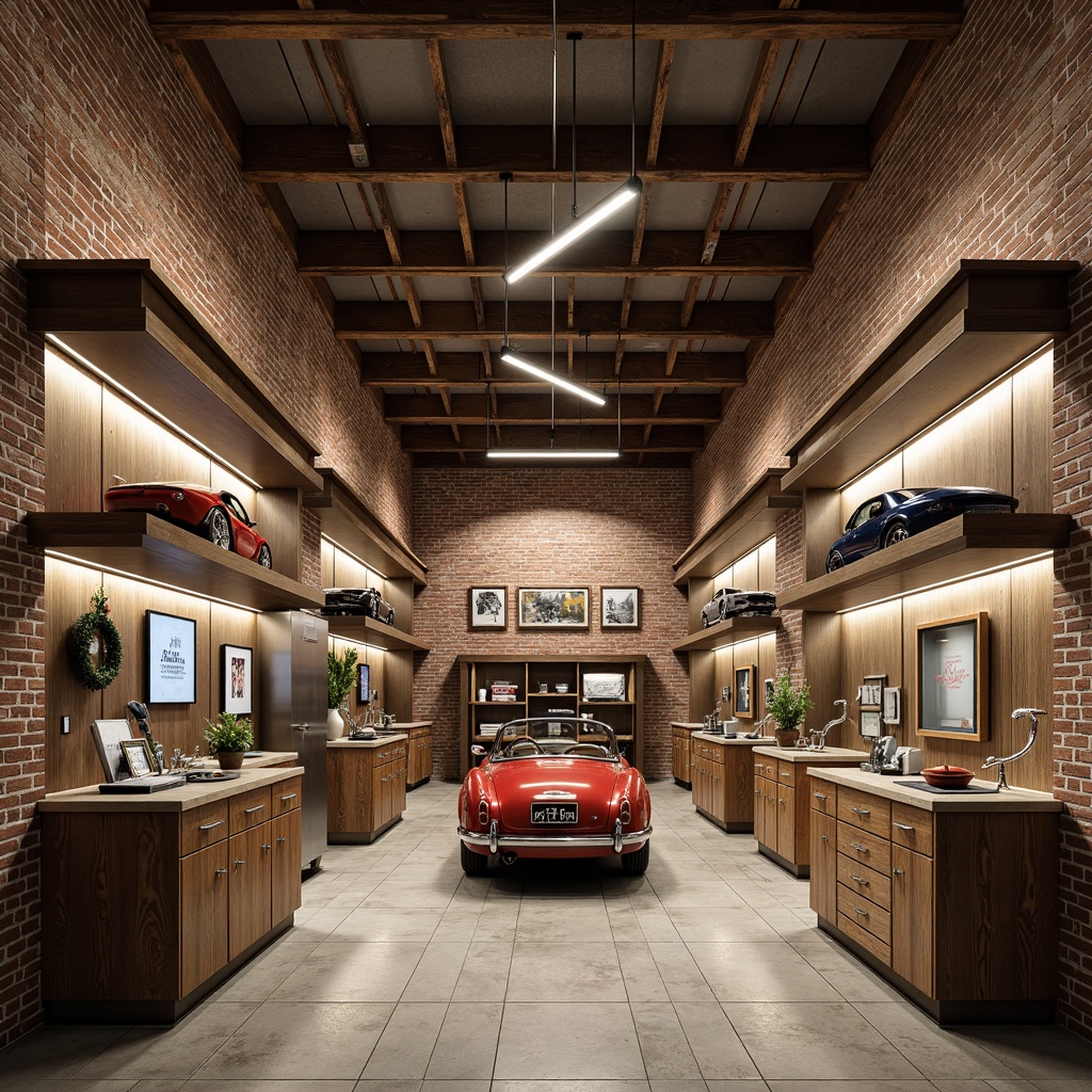 Prompt: Industrial-chic garage, exposed brick walls, metallic accents, vintage car displays, rustic wooden cabinets, earthy tones, warm beige, deep blues, rich reds, polished steel fixtures, sleek modern lighting, natural textures, distressed finishes, urban loft atmosphere, softbox lighting, 3/4 composition, realistic renderings.