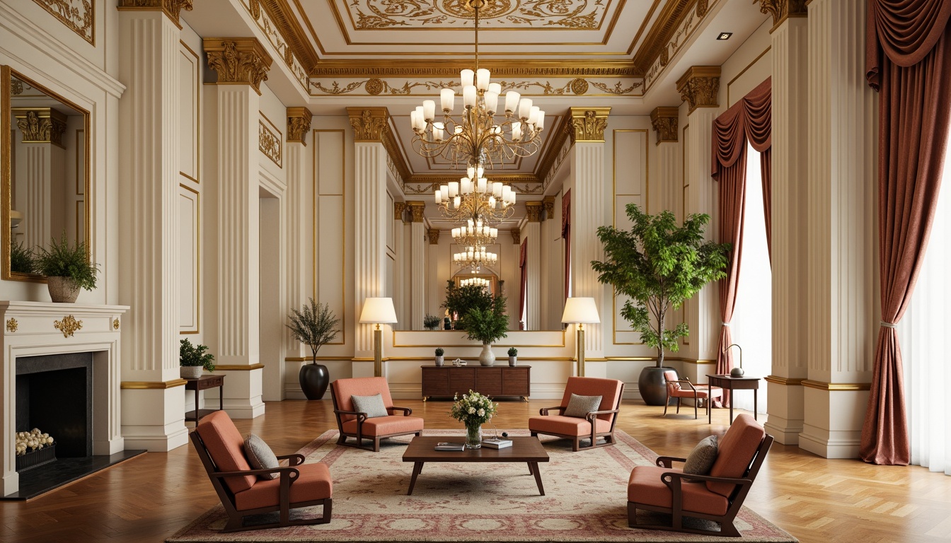 Prompt: Intricate ornate moldings, luxurious gold leaf details, elegant cream-colored walls, richly polished wooden floors, grand chandeliers, opulent furnishings, lavish velvet drapes, sophisticated architectural elements, refined Neoclassical style, symmetrical compositions, soft warm lighting, subtle shadows, high-contrast textures, detailed realistic renderings.