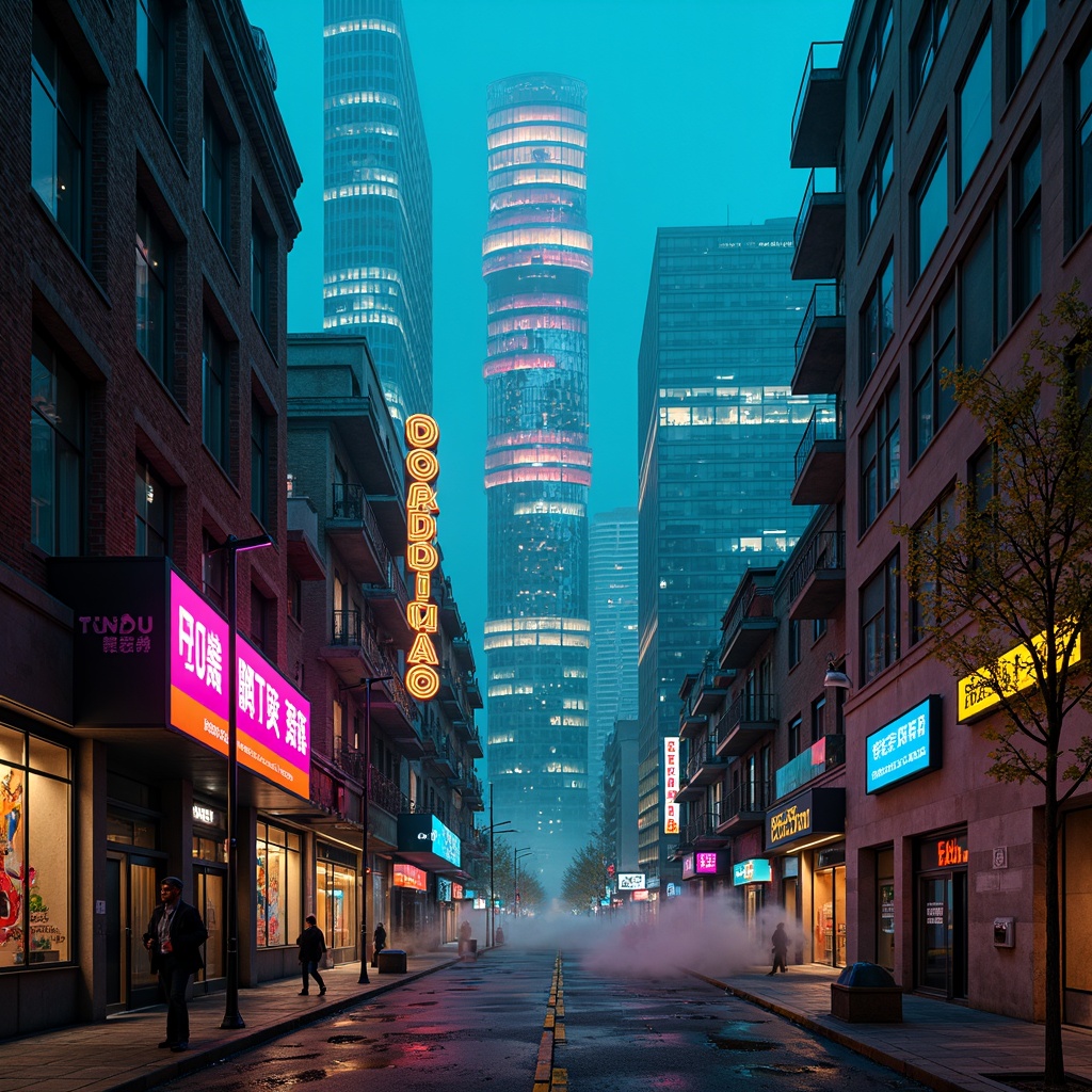 Prompt: Neon-lit cityscape, futuristic skyscrapers, iridescent hues, metallic sheen, glowing accents, electric blue, hot pink, neon green, vibrant orange, bold typography, geometric patterns, 3D modeling, holographic displays, cyberpunk atmosphere, dark alleys, abandoned factories, rusty machinery, dystopian ambiance, ominous fog, cinematic lighting, high-contrast colors, avant-garde architecture, abstract compositions, futuristic materials, LED lights, fiber optics, neon signs, retro-futuristic nostalgia.