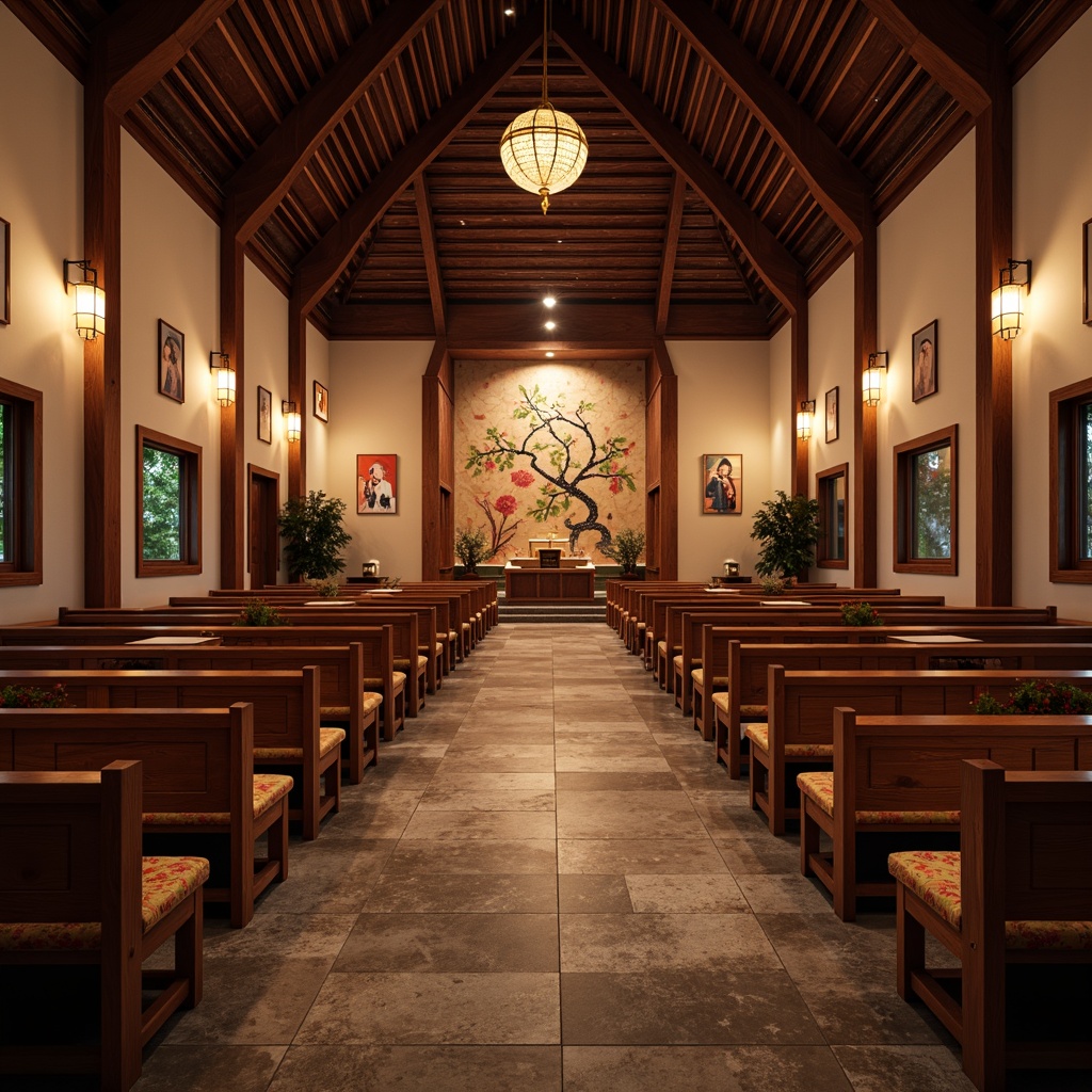 Prompt: \Traditional Asian-style church interior, wooden pews with intricately carved designs, cushioned seats with golden embroidery, gentle warm lighting, soft glowing candles, serene atmosphere, tranquil ambiance, natural stone flooring, ornate lanterns, vibrant red accents, symbolic dragon motifs, delicate cherry blossom patterns, subtle scent of incense, 3/4 composition, shallow depth of field, realistic textures, ambient occlusion.\