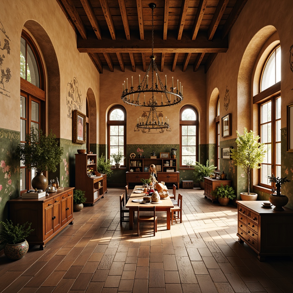 Prompt: Renaissance-style kindergarten, warm earthy tones, wooden floors, hand-scraped planks, distressed finishes, classic ornate furnishings, vintage educational decor, soft pastel colors, whimsical wall murals, floral patterns, rustic wooden accents, cozy reading nooks, circular tables, child-sized chairs, natural stone features, grand chandeliers, stained glass windows, warm golden lighting, shallow depth of field, 1/1 composition, intimate atmosphere.