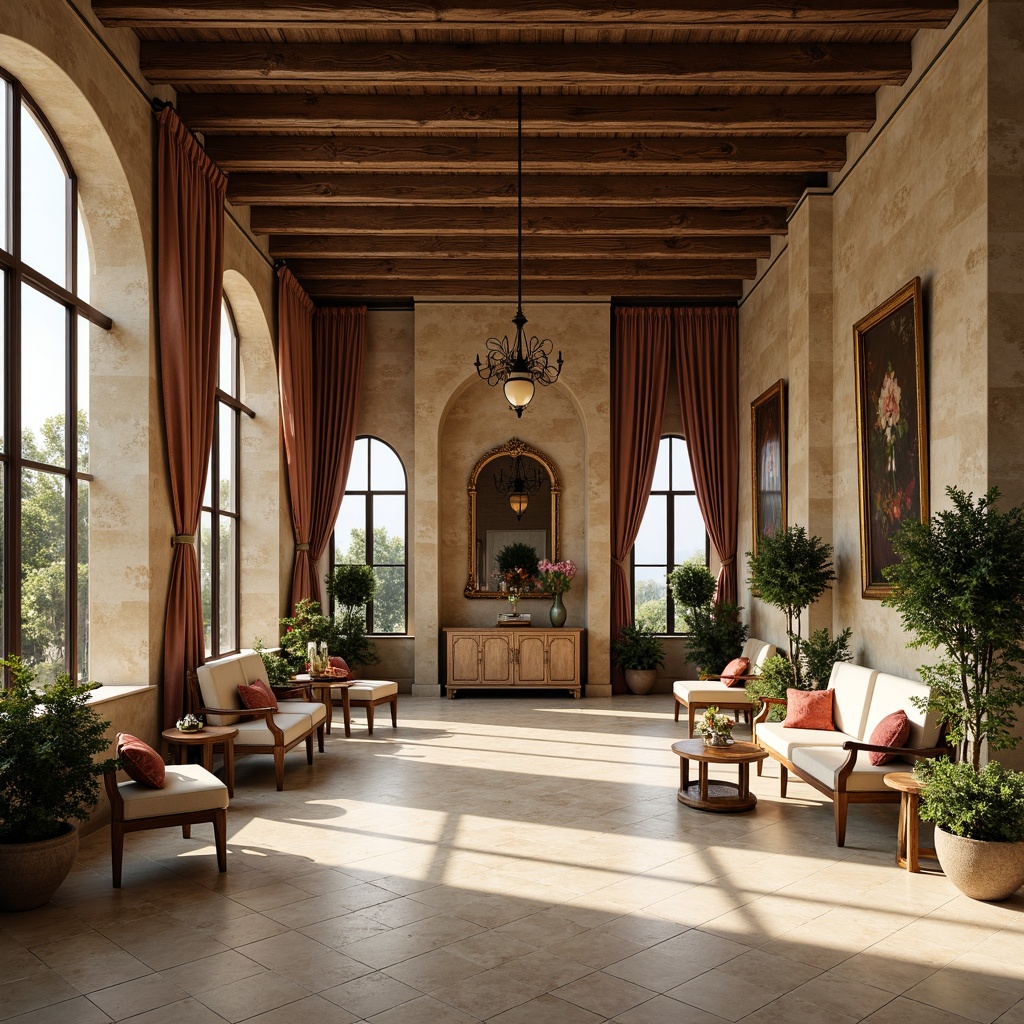 Prompt: Elegant sunroom, Renaissance-style architecture, abundant natural light, floor-to-ceiling windows, ornate wooden beams, creamy marble floors, luxurious velvet drapes, gilded frame mirrors, rustic stone walls, vintage furniture, rich tapestries, warm earthy tones, soft diffused lighting, 1/2 composition, symmetrical balance, subtle shadowing, realistic textures, ambient occlusion.