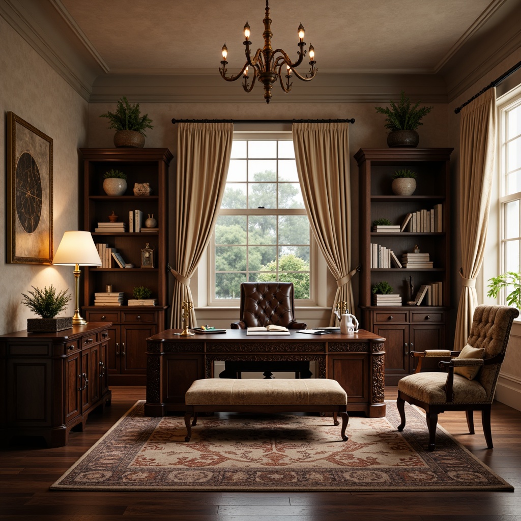 Prompt: Elegant home office, dark wood furniture, leather armchair, ornate carvings, rich velvet fabrics, classic bookshelves, vintage metal lamps, warm beige walls, soft cream-colored curtains, wooden flooring, traditional crown molding, large windows with natural light, subtle warm lighting, shallow depth of field, 2/3 composition, realistic textures, ambient occlusion.