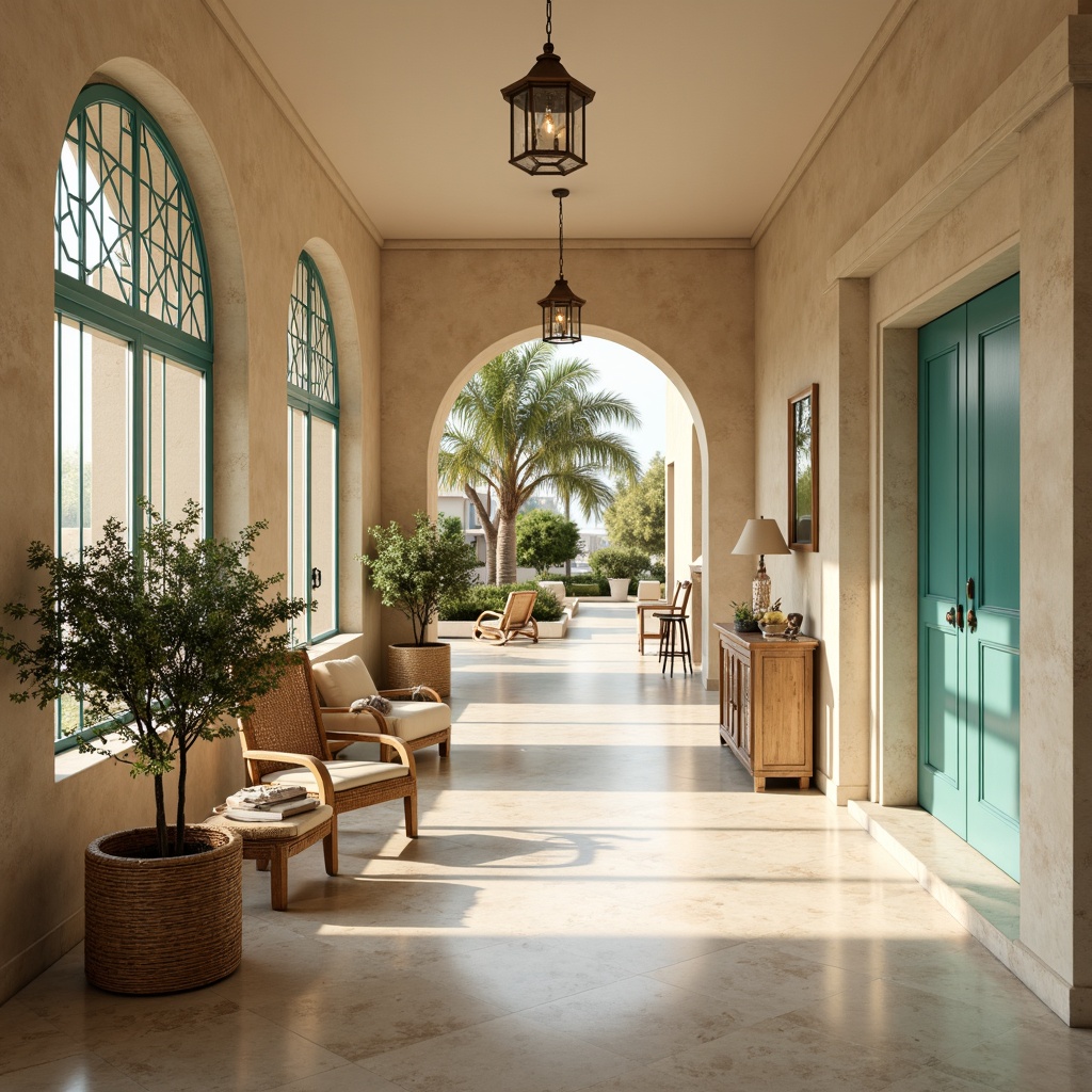 Prompt: Warm beige walls, soft turquoise accents, creamy white marble floors, natural wood furniture, woven wicker chairs, potted olive trees, calming sea salt scents, gentle ocean breeze sounds, large windows with ornate ironwork, rustic stone columns, curved archways, warm golden lighting, shallow depth of field, 1/2 composition, realistic textures, ambient occlusion.