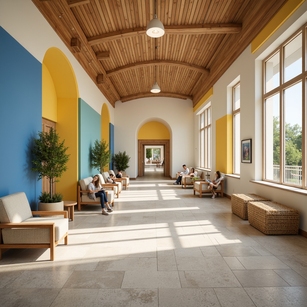 Prompt: Vibrant student hall, modern minimalist architecture, bright open spaces, warm wood accents, calming pastel colors, soothing beige tones, rich blue hues, energetic yellow highlights, comfortable seating areas, cozy reading nooks, natural textiles, woven baskets, soft diffused lighting, shallow depth of field, 3/4 composition, panoramic view, realistic textures, ambient occlusion.