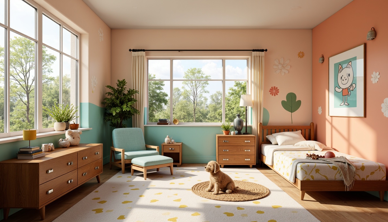 Prompt: Vibrant kids' room, mid-century modern design, warm walnut wood furniture, pastel color scheme, soft peach walls, creamy white trim, bold turquoise accents, playful yellow patterns, whimsical illustrations, natural fiber rugs, plush toys, cozy reading nook, abundant natural light, large windows, sheer curtains, relaxed atmosphere, 1/1 composition, soft focus, gentle lighting, realistic textures.