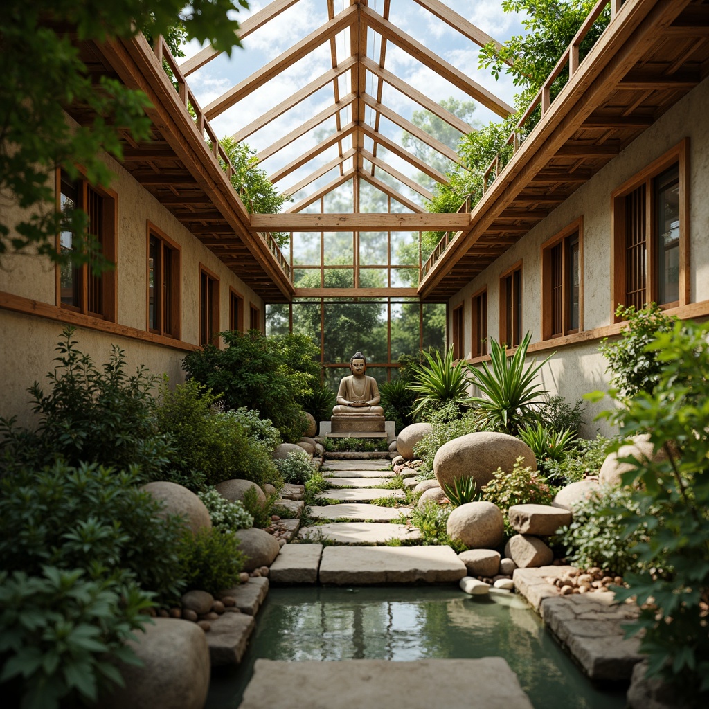 Prompt: Serenely lit Asian-style greenhouse, lush greenery, exotic tropical plants, natural wooden accents, stone pathways, tranquil water features, peaceful Buddha statues, intricate latticework, sliding shoji screens, warm beige tones, soft diffused lighting, shallow depth of field, 1/2 composition, intimate close-up shots, realistic textures, ambient occlusion.