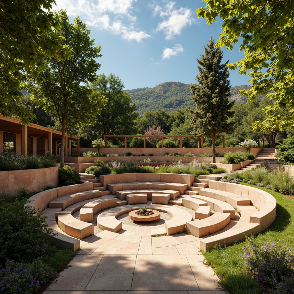 Prompt: Vibrant outdoor amphitheater, natural stone seating, lush greenery surroundings, warm wooden accents, earthy tone color palette, sunny day, soft warm lighting, shallow depth of field, 3/4 composition, panoramic view, realistic textures, ambient occlusion.