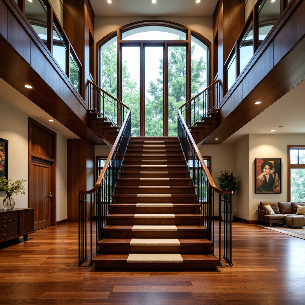 Prompt: Luxurious staircase, rich hardwood flooring, warm dark wood tones, elegant railings, ornate metalwork, carpeted steps, soft plush piles, modern minimalist design, sleek glass balusters, LED lighting, dramatic high ceilings, spacious open floor plan, inviting living room, cozy reading nook, natural stone landing, grand entrance foyer, sophisticated architectural details.