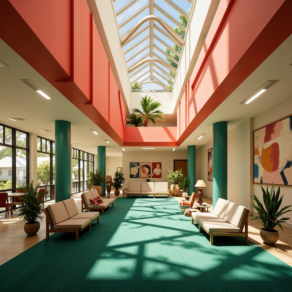 Prompt: Vibrant postmodern rehabilitation center, bold geometric shapes, bright coral walls, turquoise accents, creamy white columns, polished chrome fixtures, abstract artwork, eclectic furniture pieces, plush emerald green carpets, natural stone flooring, abundant skylights, warm golden lighting, shallow depth of field, 3/4 composition, panoramic view, realistic textures, ambient occlusion.