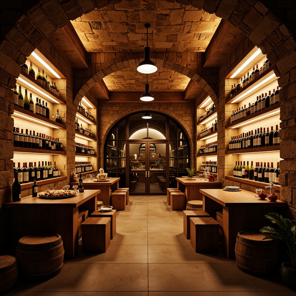 Prompt: Wine cellar interior, rich wood tones, stone walls, dimly lit ambiance, warm golden lighting, LED strip lights, recessed ceiling fixtures, pendant lamps, glass shelves, wine bottle displays, climate-controlled environment, rustic wooden barrels, vintage wine crates, soft shadows, subtle color temperature, cozy intimate atmosphere, elegant furnishings, sophisticated decor.