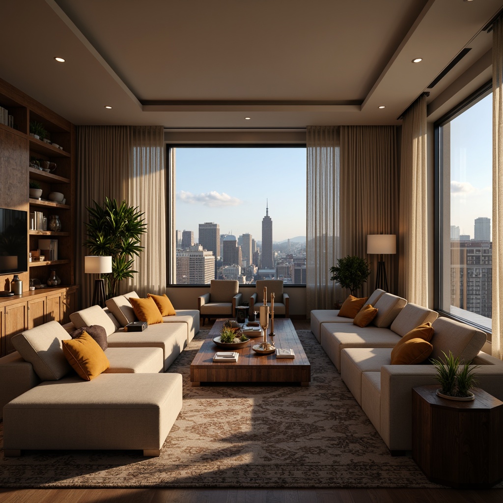 Prompt: Cozy living room, plush sofas, soft cushions, warm lighting, wooden coffee table, elegant lamps, vintage rug, comfortable armchairs, floor-to-ceiling windows, cityscape view, modern minimalist decor, sleek TV stand, surround sound system, relaxing ambiance, calm atmosphere, natural textiles, earthy color palette, 1/1 composition, shallow depth of field, soft focus effect.