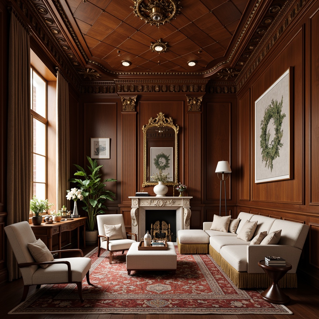 Prompt: Rich wood paneling, ornate moldings, luxurious fabrics, intricate carvings, elegant furnishings, sophisticated color palette, refined textures, classic proportions, timeless design, lavish decorations, ornamental accessories, warm soft lighting, shallow depth of field, 1/1 composition, realistic render, ambient occlusion.