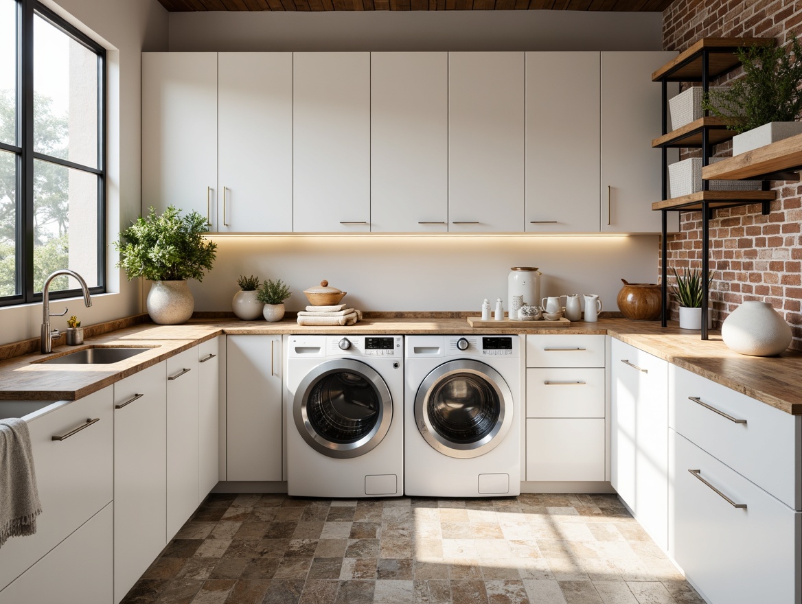 Prompt: Vibrant laundry room, sleek modern appliances, white cabinets, minimalist decor, natural stone countertops, stainless steel sinks, geometric floor tiles, soft warm lighting, 1/1 composition, realistic textures, ambient occlusion, industrial chic aesthetic, exposed brick walls, metal shelving units, woven baskets, cotton fabrics, linen textiles, subtle patterns, pastel color palette, calming atmosphere.