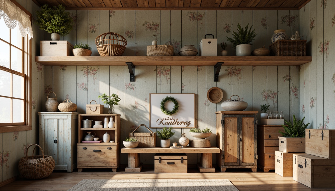 Prompt: Whimsical storage room, distressed wooden shelves, vintage metal brackets, soft pastel colors, ornate carvings, lace curtains, floral patterns, rustic wooden crates, woven baskets, antique furniture pieces, decorative trunks, distressed finishes, soft warm lighting, 1/1 composition, shallow depth of field, realistic textures, ambient occlusion.