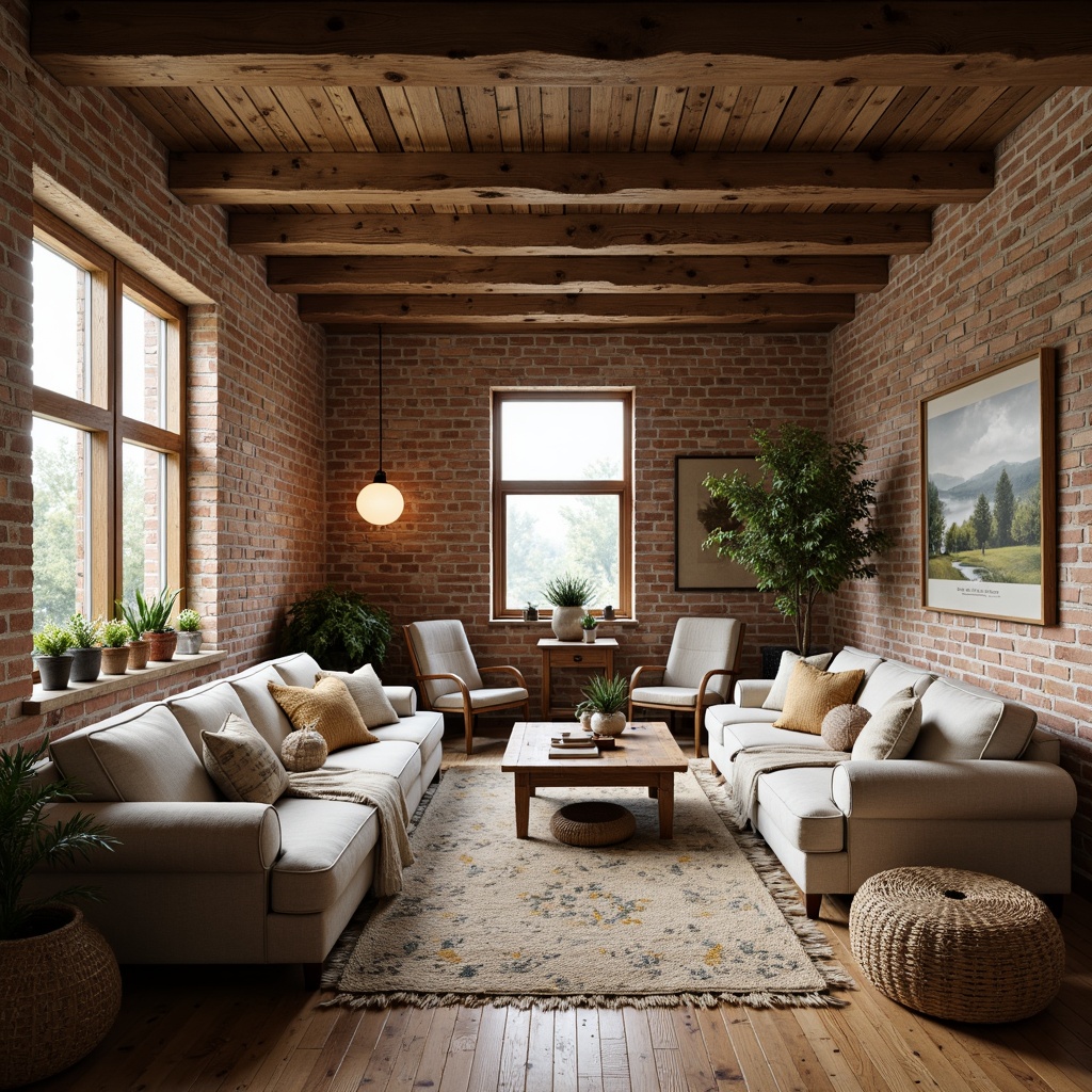 Prompt: Rustic farmhouse interior, vintage wooden furniture, distressed finishes, natural textiles, plush cushions, earthy color palette, woven baskets, antique decorative items, exposed brick walls, wooden beams, pendant lamps, cozy reading nooks, comfortable sectionals, oversized armchairs, natural fiber rugs, botanical prints, warm soft lighting, shallow depth of field, 1/1 composition, realistic textures, ambient occlusion.