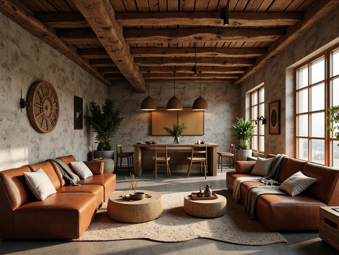 Prompt: Rustic wooden accents, distressed stone walls, earthy color palette, organic shapes, natural materials, woven fibers, tactile experiences, rough-hewn wood beams, reclaimed lumber, industrial chic aesthetic, exposed brickwork, vintage metal fixtures, worn leather upholstery, soft warm lighting, shallow depth of field, 3/4 composition, realistic textures, ambient occlusion.