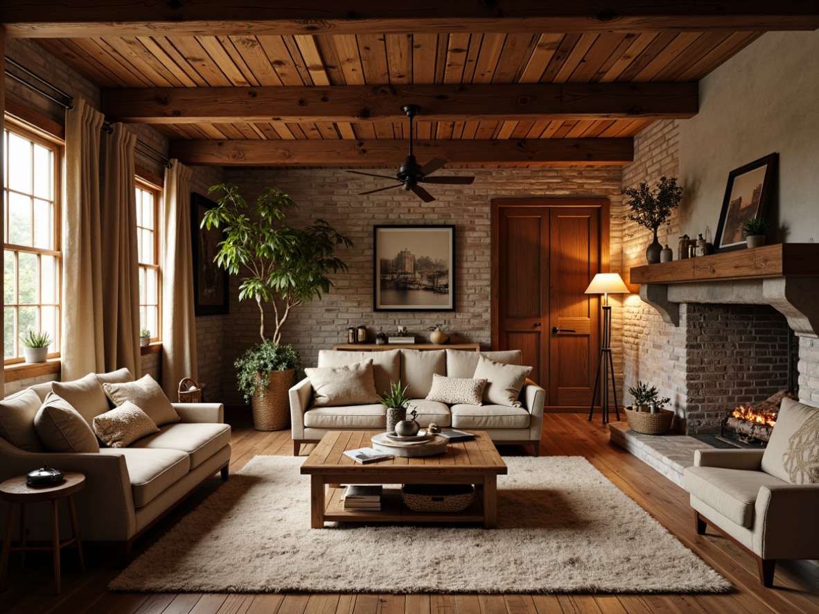 Prompt: Cozy living room, warm wood tones, natural textures, earthy color palette, wooden beams, exposed brick walls, rich wood flooring, plush area rugs, comfortable sofas, vintage decorative accents, soft warm lighting, rustic metal fixtures, distressed wood furniture, woven baskets, floral patterns, natural fabrics, organic shapes, 3/4 composition, intimate atmosphere.