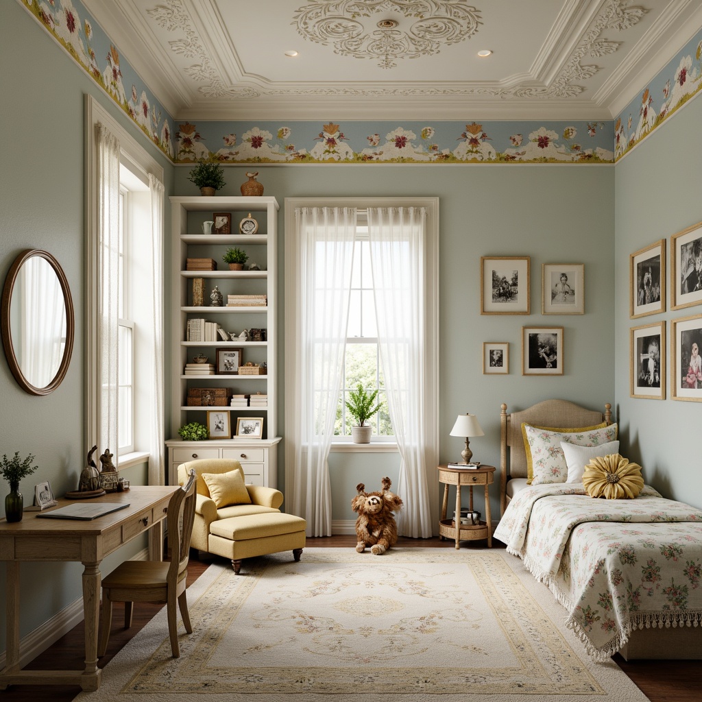 Prompt: Whimsical Victorian kids' room, soft pastel colors, ornate moldings, floral patterns, textured wallpapers, decorative borders, vintage furniture, distressed finishes, rich wood tones, plush carpets, warm lighting, cozy nooks, built-in shelves, classic literary quotes, childhood memorabilia displays, creamy whites, pale blues, muted yellows, gentle color gradations, subtle sheen finishes, 1/2 composition, soft focus effect, realistic textures, ambient occlusion.