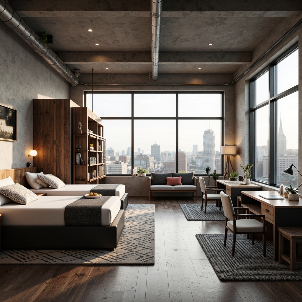 Prompt: Modern dorm room, minimalist decor, sleek metal frames, comfortable bedding, geometric patterned rugs, industrial-chic desks, ergonomic chairs, floor-to-ceiling windows, natural light, cityscape views, urban loft vibe, reclaimed wood accents, metallic lamp fixtures, soft warm lighting, 3/4 composition, shallow depth of field, realistic textures, ambient occlusion.