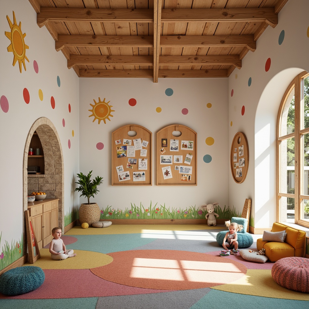 Prompt: Vibrant kindergarten walls, playful polka dot textures, soft pastel colors, whimsical illustrations, educational murals, interactive displays, wooden accents, natural stone features, circular archways, colorful rug patterns, cozy reading nooks, plush pillows, warm lighting, shallow depth of field, 1/1 composition, intimate atmosphere, realistic materials, ambient occlusion.