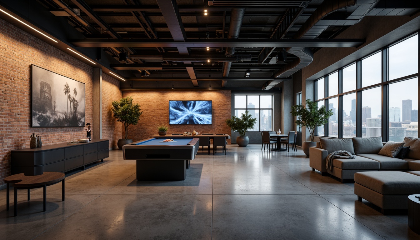 Prompt: Minimalist game room, industrial chic decor, exposed brick walls, polished concrete floors, sleek metal beams, modern LED lighting, soft ambient glow, warm color temperature, recessed ceiling lights, floor-to-ceiling windows, urban cityscape views, abstract geometric art, monochromatic color scheme, minimalist furniture, low-profile gaming stations, ergonomic seating, immersive sound systems, cinematic screen displays, subtle shadows, high-contrast ratios, 1/1 composition, dramatic lighting effects, realistic textures.