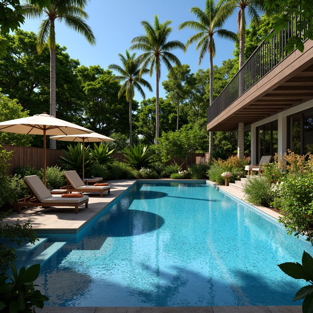 Prompt: Serene backyard oasis, sparkling blue pool water, lush greenery surroundings, vibrant tropical flowers, comfortable lounge chairs, stylish umbrellas, natural stone decking, modern outdoor lighting, warm ambiance, shallow depth of field, 3/4 composition, panoramic view, realistic textures, ambient occlusion.