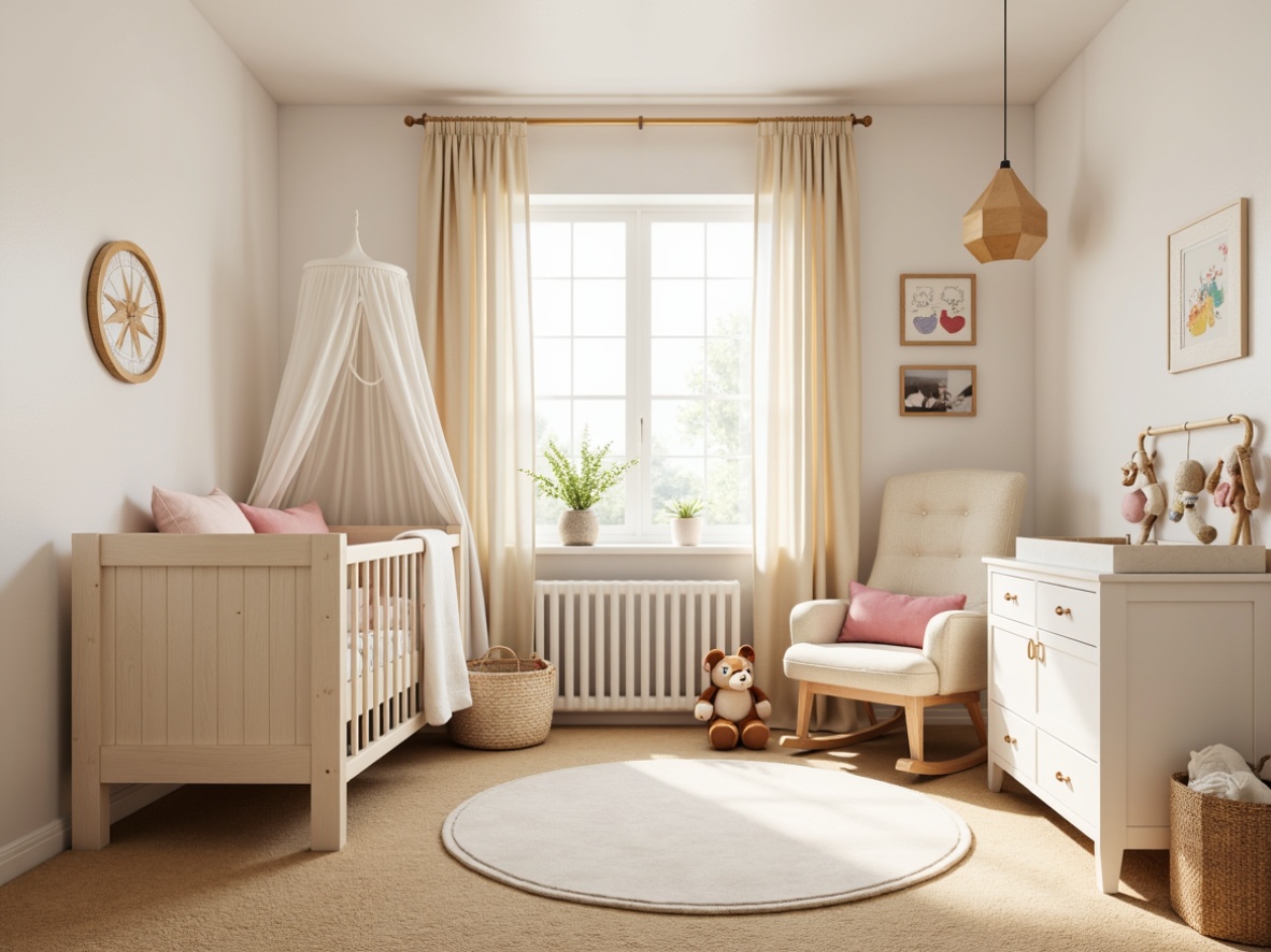 Prompt: Cozy nursery, soft pastel colors, plush toys, crib with canopy, changing table, rocking chair, gentle lighting, warm beige carpet, creamy white walls, minimalist furniture, functional storage units, safety gates, baby monitors, soothing mobiles, calm atmosphere, shallow depth of field, 1/1 composition, natural textures, ambient occlusion.