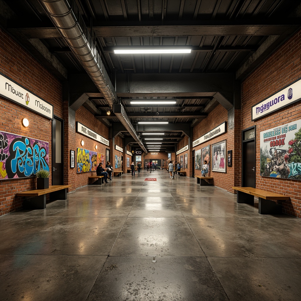 Prompt: Rustic metro station, exposed brick walls, industrial-style lighting fixtures, distressed concrete floors, urban graffiti murals, steel beams, metallic accents, modern signage, vibrant color schemes, eclectic tile patterns, reclaimed wood panels, urban jungle atmosphere, dramatic spotlights, high-contrast shadows, 1/1 composition, low-angle shot, realistic textures, ambient occlusion.