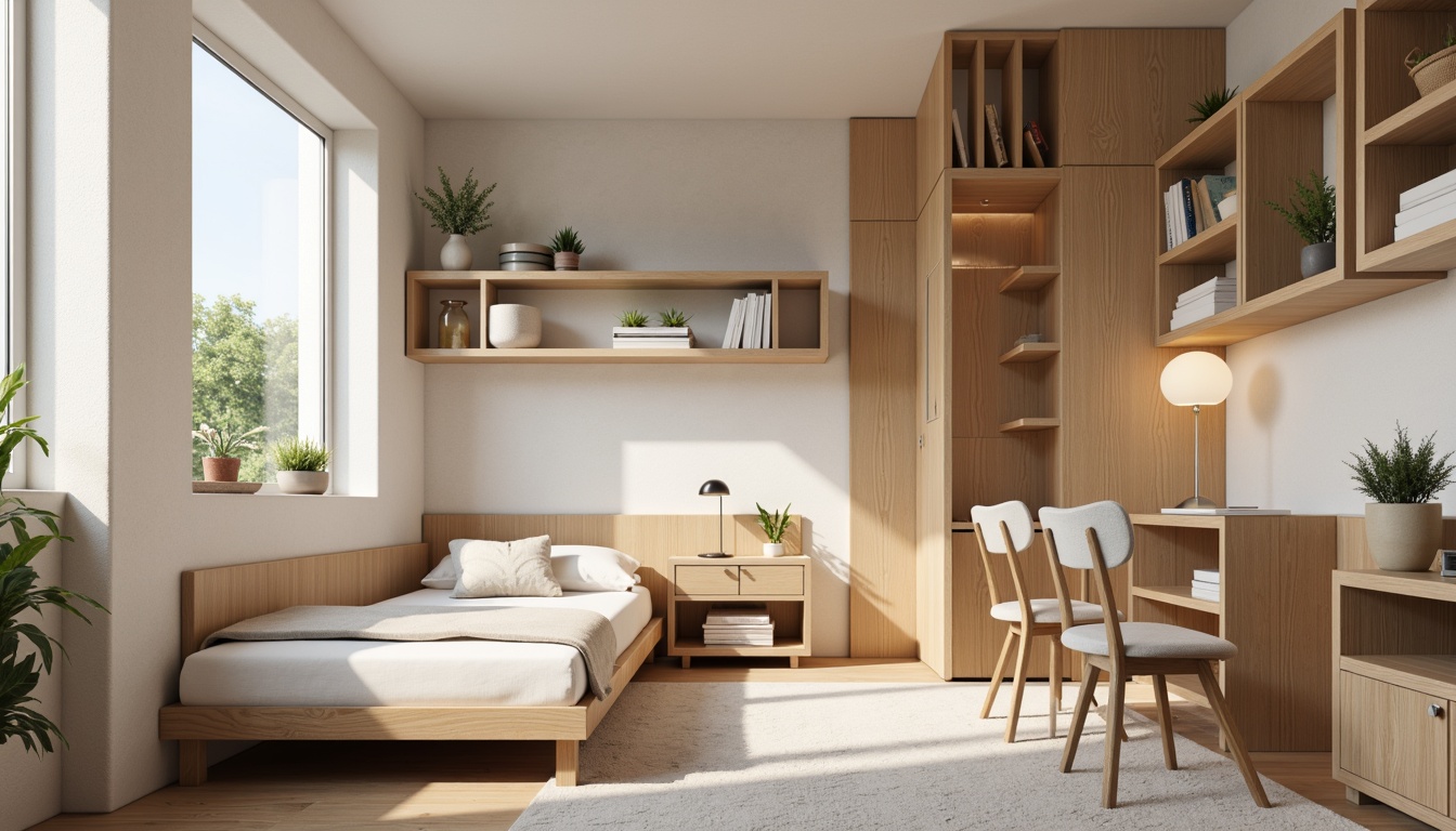 Prompt: Cozy dorm room, compact furniture, minimalist decor, soft pastel colors, natural wood accents, comfortable bedding, efficient storage solutions, space-saving shelves, multi-functional desks, ergonomic chairs, good task lighting, calm atmosphere, serene ambiance, 1/1 composition, warm color temperature, shallow depth of field, realistic textures.