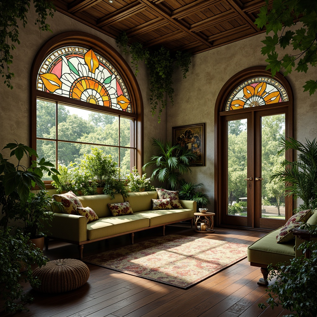 Prompt: Whimsical Art Nouveau interior, lush greenery, flowing organic lines, natural stone walls, wooden accents, floral patterns, sinuous curves, stained glass windows, intricate ironwork, ornate furnishings, velvet drapes, soft warm lighting, shallow depth of field, 1/2 composition, intimate atmosphere, realistic textures, ambient occlusion, botanical motifs, earthy color palette, nature-inspired accessories.