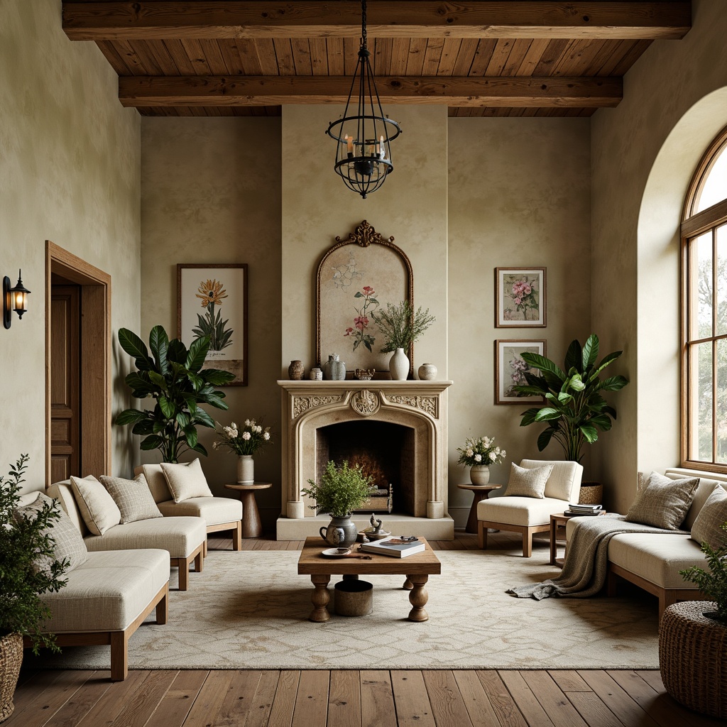 Prompt: Rustic farmhouse, ornate Art Nouveau accents, earthy color palette, warm beige walls, soft sage greenery, distressed wood furniture, vintage metal fixtures, elegant curved lines, organic floral patterns, natural textiles, creamy whites, weathered stone fireplaces, lush botanical prints, soft golden lighting, shallow depth of field, 1/1 composition, realistic textures, ambient occlusion.