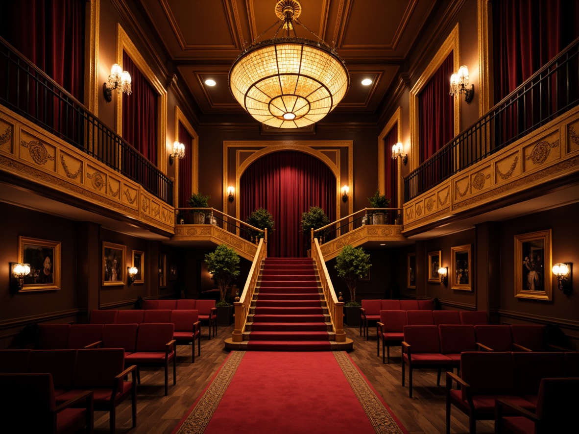 Prompt: Dimly lit theater foyer, grand staircase, red carpet, ornate chandeliers, warm golden lighting, subtle spotlighting, dramatic shadows, velvet curtains, gilded frames, luxurious atmosphere, intimate audience seating, thrust stage, proscenium arch, softbox lights, LED strips, color-changing fixtures, high-contrast ratios, dark accents, rich wood tones, opulent drapery, sparkling crystal, vibrant accent colors, dynamic lighting transitions, real-time control systems.