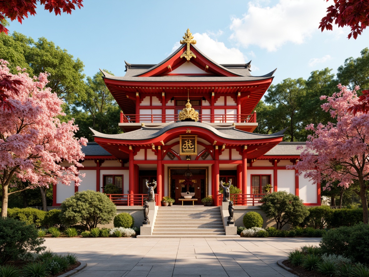 Prompt: Vibrant pagoda-style church, traditional Asian architectural elements, bold red accents, golden ornaments, serene natural surroundings, lush greenery, blooming cherry blossoms, subtle cream-colored walls, elegant wooden furnishings, intricate carvings, majestic bronze statues, warm soft lighting, shallow depth of field, 1/1 composition, realistic textures, ambient occlusion.