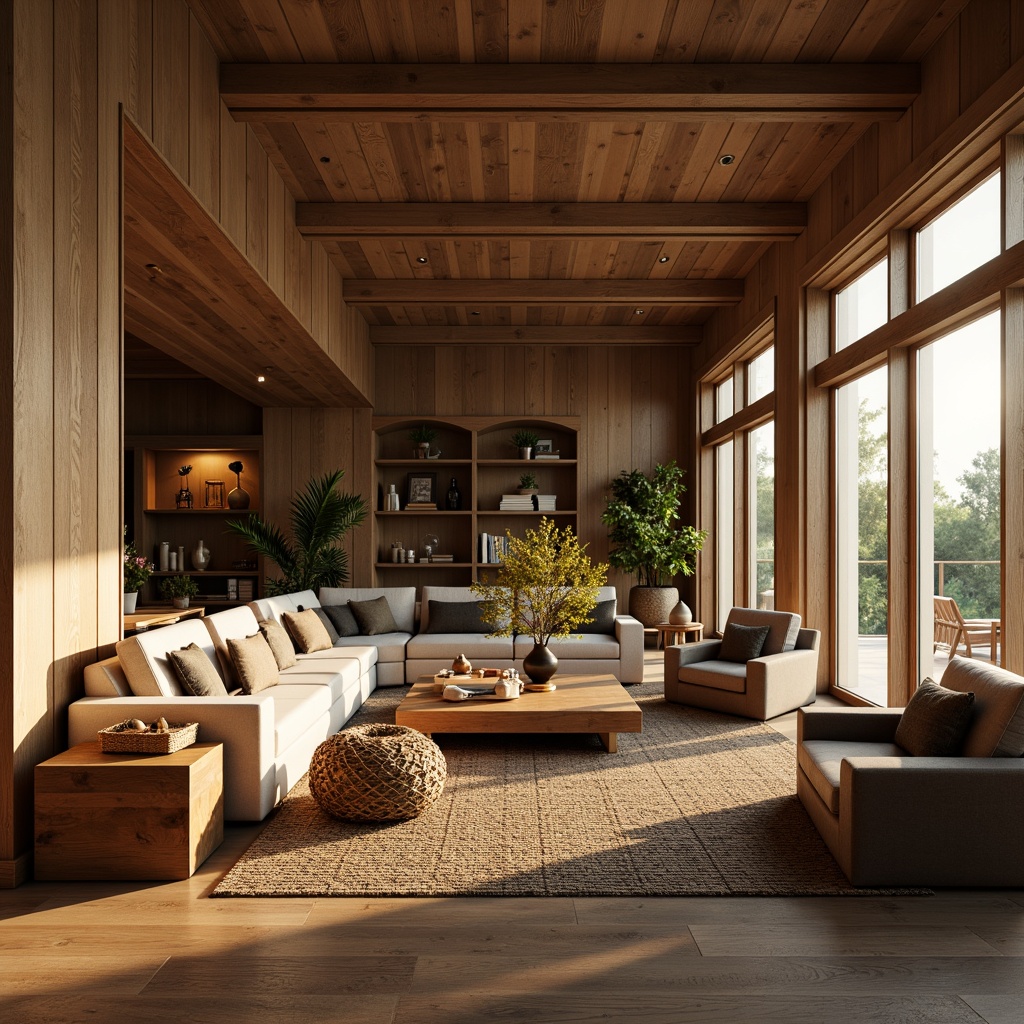 Prompt: Cozy living room, plush sofas, velvet armchairs, wooden coffee tables, woven baskets, soft cushions, warm lighting, rich textiles, natural materials, earthy color palette, minimalist decor, functional shelving units, comfortable reading nooks, floor-to-ceiling windows, calming ambiance, serene atmosphere, 1/2 composition, warm golden lighting, realistic wood textures, subtle shadowing.