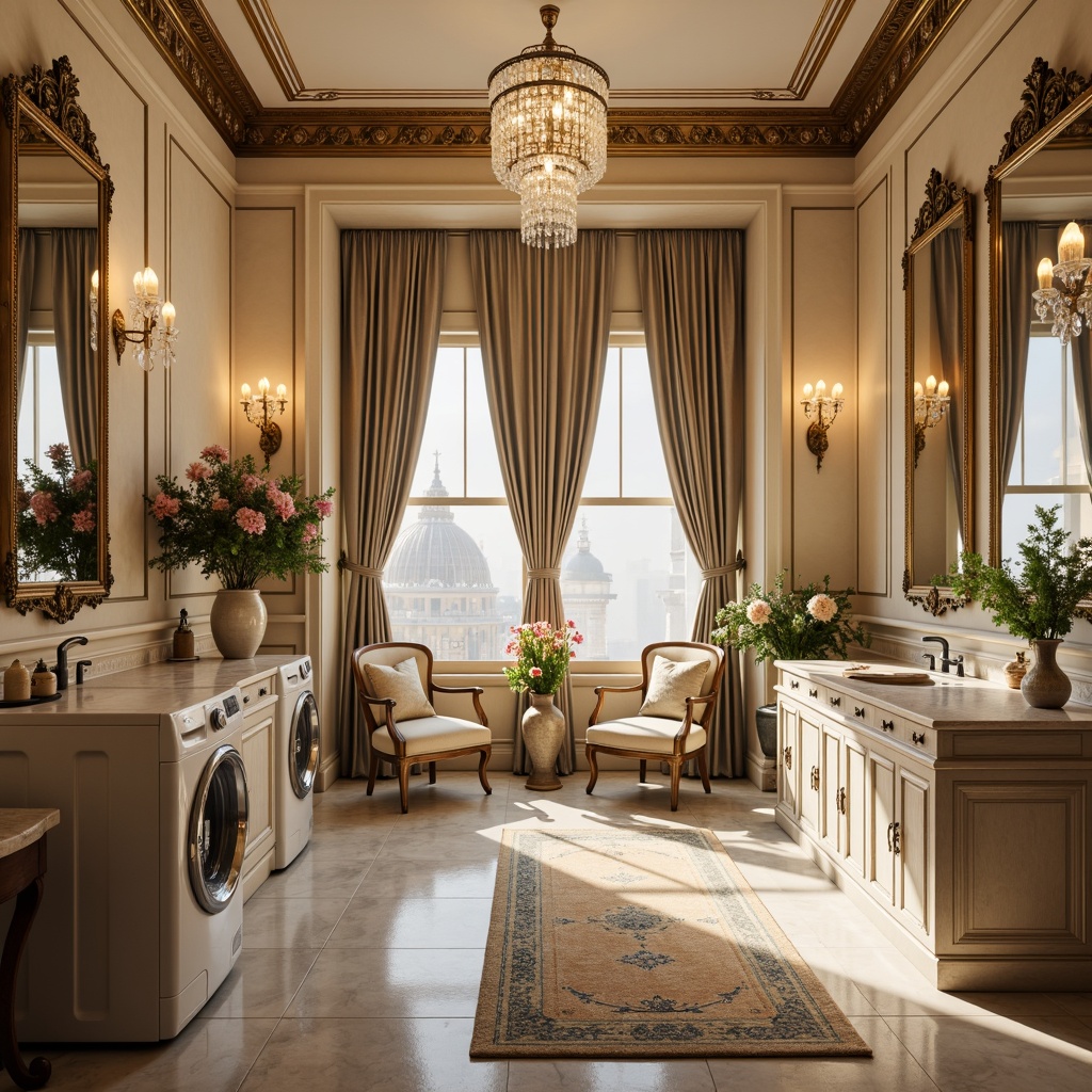 Prompt: Ornate laundry room, soft warm glow, crystal chandeliers, golden metal accents, delicate filigree patterns, creamy marble countertops, pastel-colored walls, plush area rugs, antique-style washing machines, distressed wood cabinetry, elegant ornate mirrors, sparkling glass pendant lights, bronze metal fixtures, lavish drapery, rich velvet textiles, opulent floral arrangements, warm beige tones, subtle ambient lighting, 1/1 composition, realistic reflections.