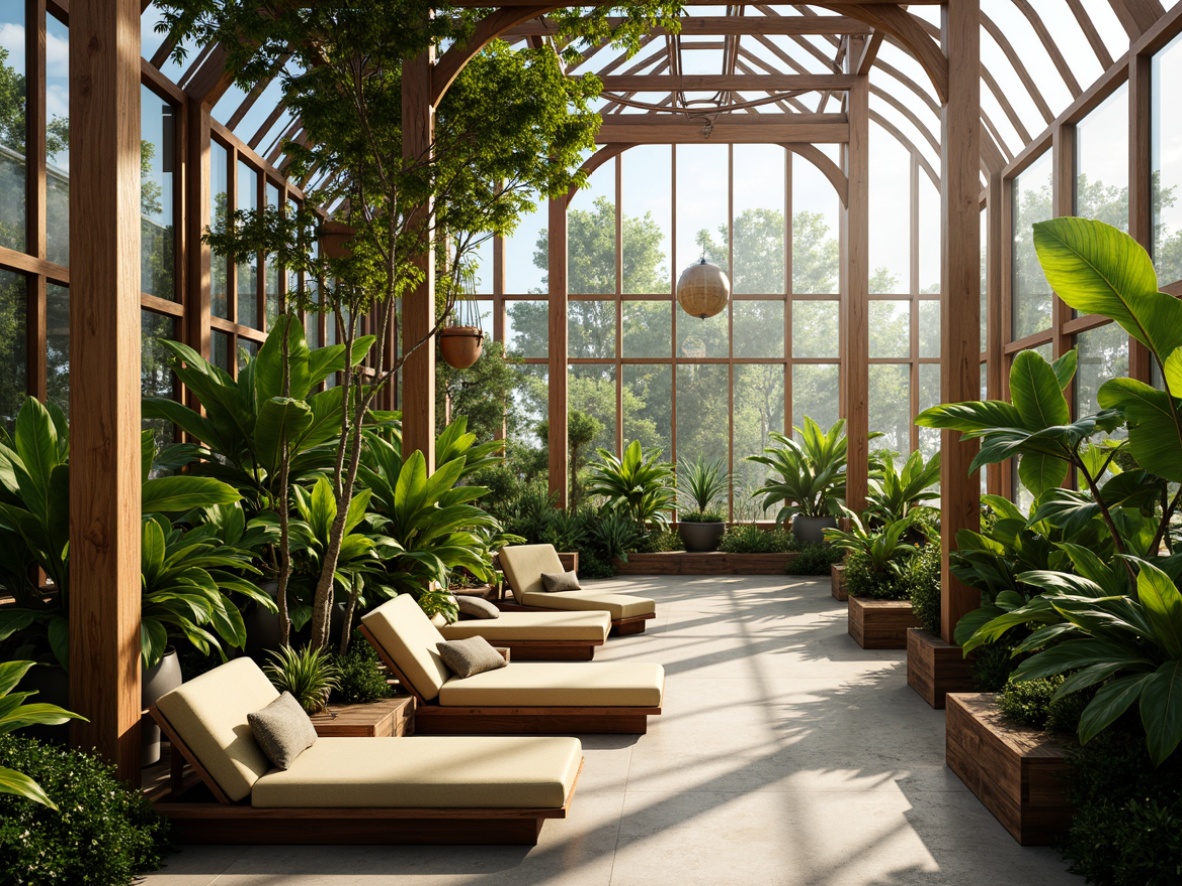 Prompt: Vibrant greenhouse interior, lush tropical plants, reclaimed wood accents, minimalist metal frames, hanging planters, ergonomic seating, natural fiber upholstery, earthy color palette, organic shapes, curved lines, modern lighting fixtures, soft warm illumination, shallow depth of field, 1/1 composition, realistic textures, ambient occlusion, botanical-inspired patterns, sustainable materials, eco-friendly production methods.