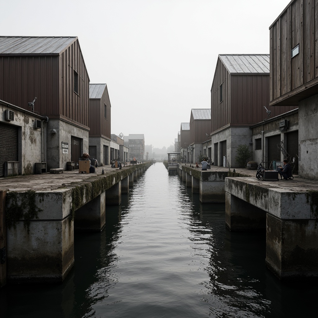 Prompt: Rustic waterfront, weathered wooden docks, distressed metal roofs, exposed concrete foundations, industrial pipes, functional pulleys, nautical ropes, reclaimed wood accents, brutalist architecture, angular lines, raw textures, dramatic natural lighting, misty morning atmosphere, shallow depth of field, 2/3 composition, symmetrical framing, high-contrast monochrome tones, realistic wear and tear.