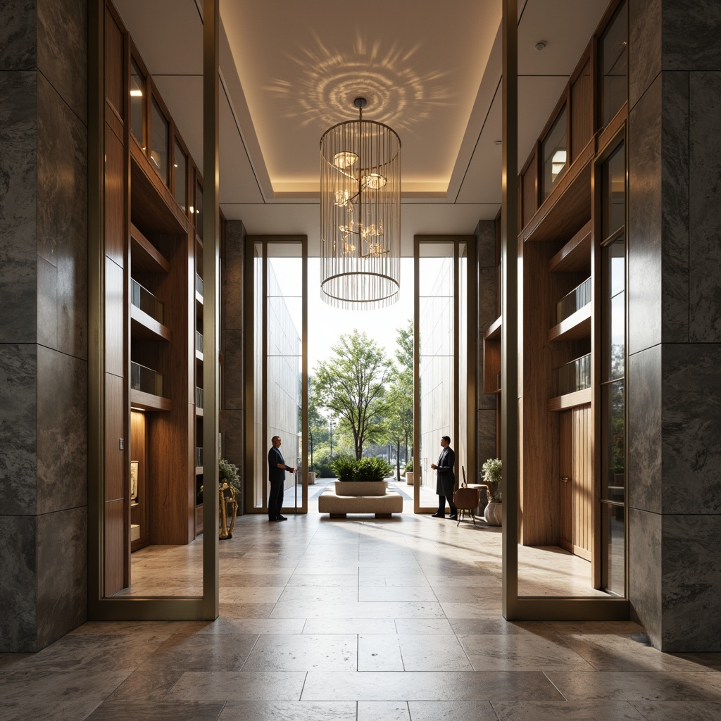 Prompt: Elegant entrance hall, grand glass doors, sleek metal frames, reflective surfaces, modern minimalist design, luxurious ambiance, spacious foyer, high ceiling, crystal chandelier, marble flooring, natural stone walls, ambient lighting, shallow depth of field, 3/4 composition, panoramic view, realistic textures, intricate geometric patterns.