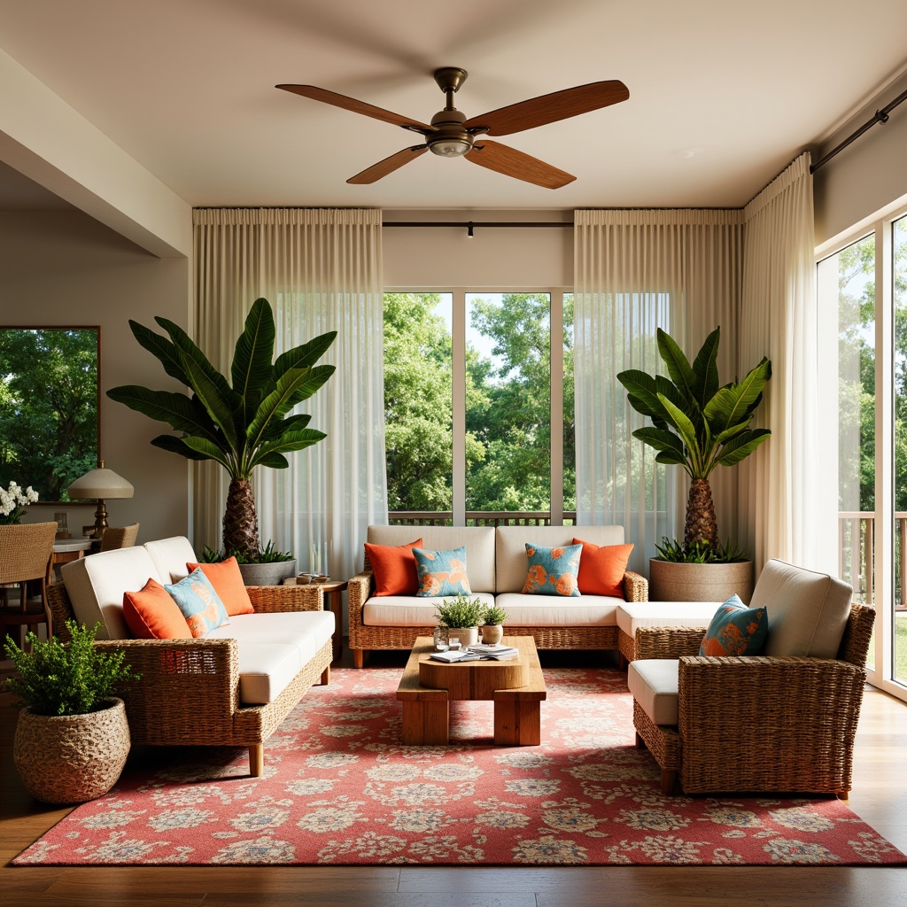 Prompt: Vibrant tropical family room, natural woven furniture, rattan sofas, wicker armchairs, colorful throw pillows, exotic patterned rugs, lush greenery, potted palm trees, wooden accents, bamboo coffee tables, woven baskets, creamy white walls, large windows, sliding glass doors, warm sunny day, soft diffused lighting, shallow depth of field, 1/2 composition, realistic textures, ambient occlusion.