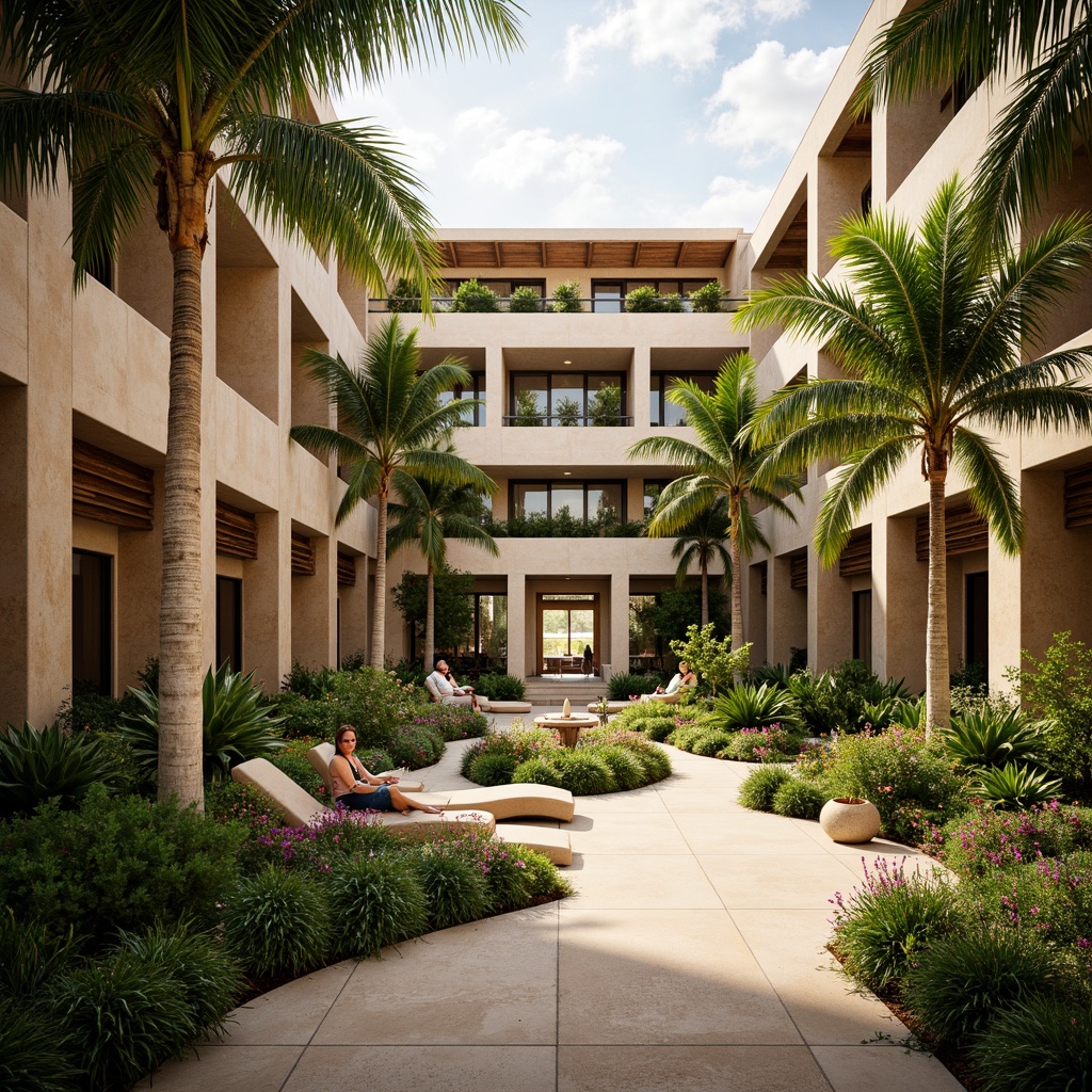 Prompt: Grandiose courthouse, tropical style architecture, lush greenery, palm trees, vibrant flowers, natural stone walls, wooden accents, large windows, clerestory roofs, high ceilings, airy atriums, warm beige tones, soft warm lighting, diffused sunlight, shallow depth of field, 1/1 composition, realistic textures, ambient occlusion.