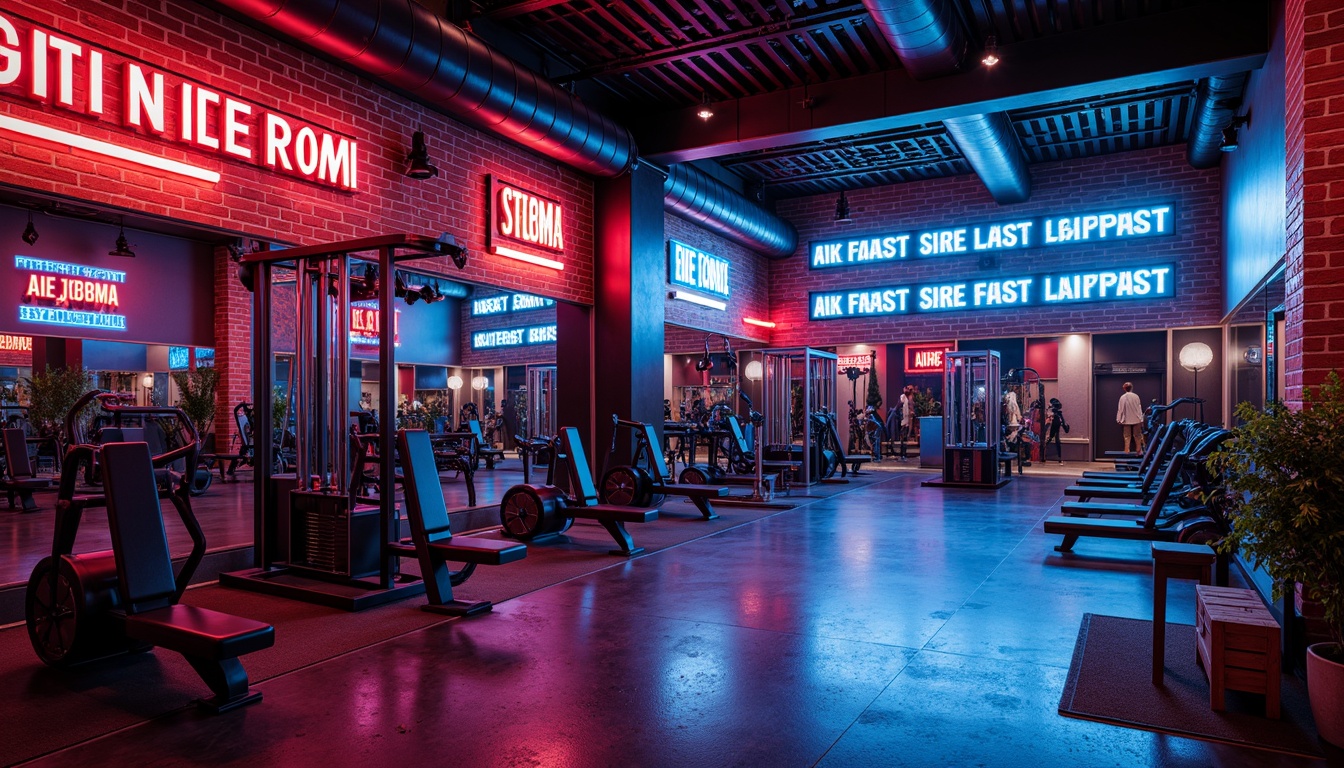 Prompt: Vibrant home gym, bold color scheme, energetic atmosphere, motivational quotes, sleek metal equipment, modern fitness machines, rubber flooring, mirrored walls, industrial chic decor, exposed brick accents, neon light installations, intense spotlighting, shallow depth of field, 1/1 composition, realistic textures, ambient occlusion.