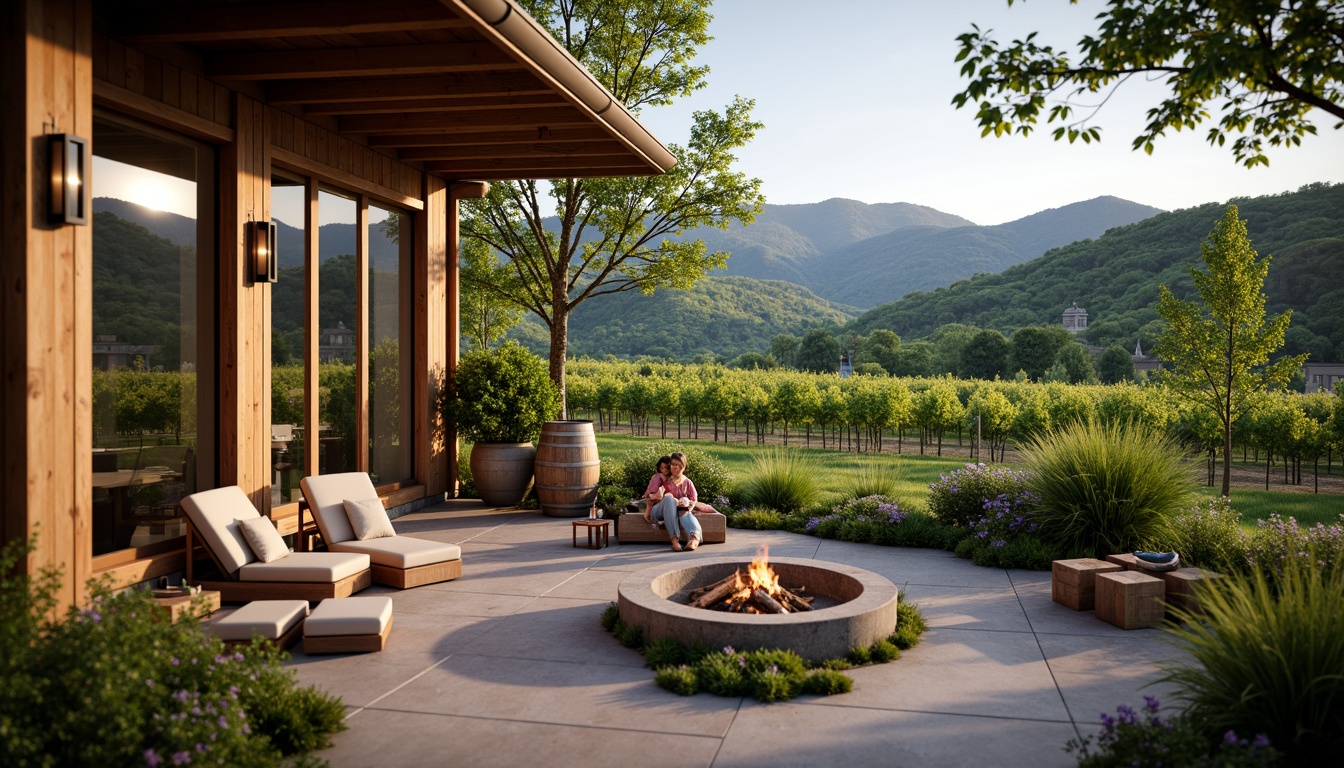 Prompt: Rustic vineyard, rolling hills, lush greenery, wine barrels, wooden accents, natural stone walls, earthy tones, warm lighting, cozy ambiance, large windows, sliding glass doors, outdoor seating areas, fire pits, lanterns, scenic views, panoramic vistas, organic textures, soft focus, shallow depth of field, 1/2 composition, atmospheric perspective.