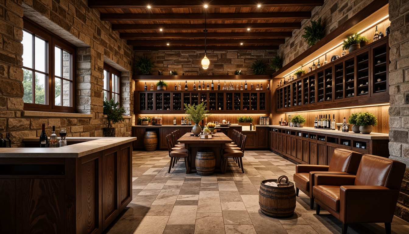 Prompt: Earthy wine cellar, rustic stone walls, wooden barrel accents, dim warm lighting, rich wood tones, vintage wine racks, ornate metalwork, distressed leather furnishings, reclaimed wood flooring, natural stone countertops, earthy color palette, soft box lighting, 1/1 composition, realistic textures, ambient occlusion, luxurious ambiance.